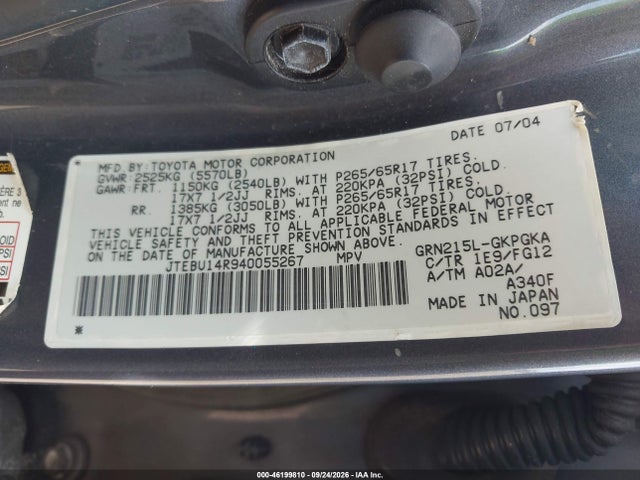 2004 Toyota 4runner Sr5 V6 მანქანა იყიდება აუქციონზე, vin: JTEBU14R940055267, აუქციონის ნომერი: 46199810