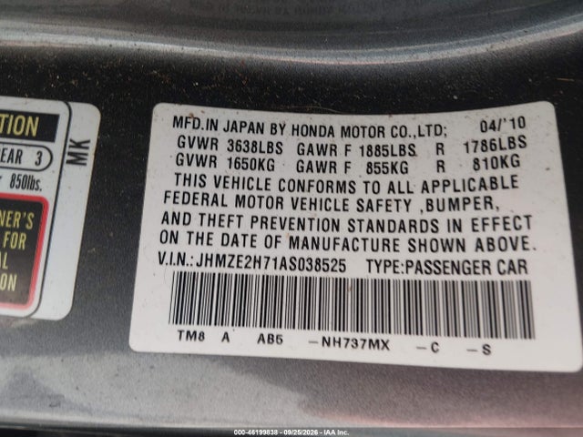 Aukcja sprzedaży 2010 Honda Insight Ex, vin: JHMZE2H71AS038525, numer aukcji: 46199838