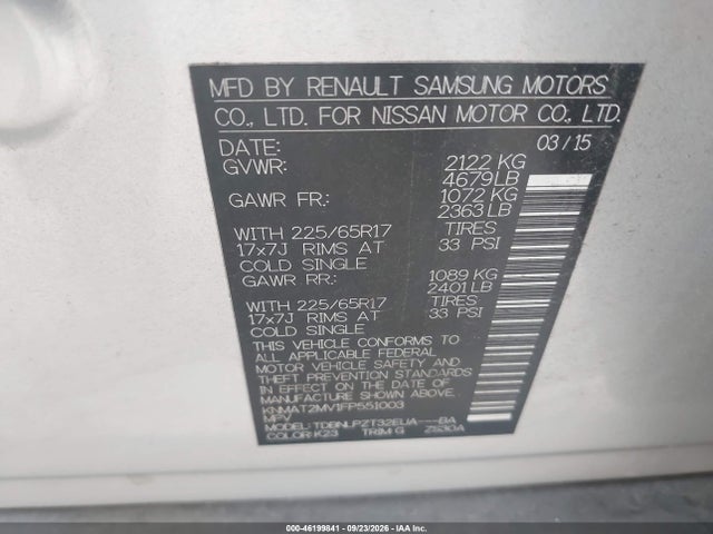 2015 Nissan Rogue S/sl/sv მანქანა იყიდება აუქციონზე, vin: KNMAT2MV1FP551003, აუქციონის ნომერი: 46199841