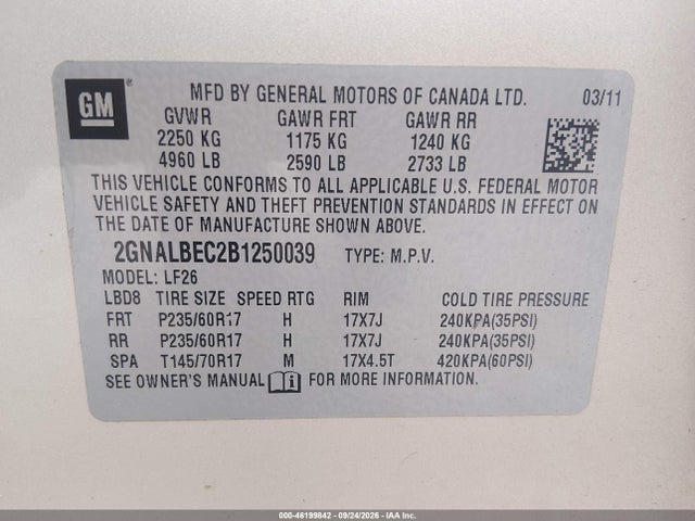 Продажа на аукционе авто 2011 Chevrolet Equinox Ls, vin: 2GNALBEC2B1250039, номер лота: 46199842