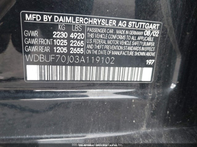 Aukcja sprzedaży 2003 Mercedes-benz E 500, vin: WDBUF70J03A119102, numer aukcji: 46199845