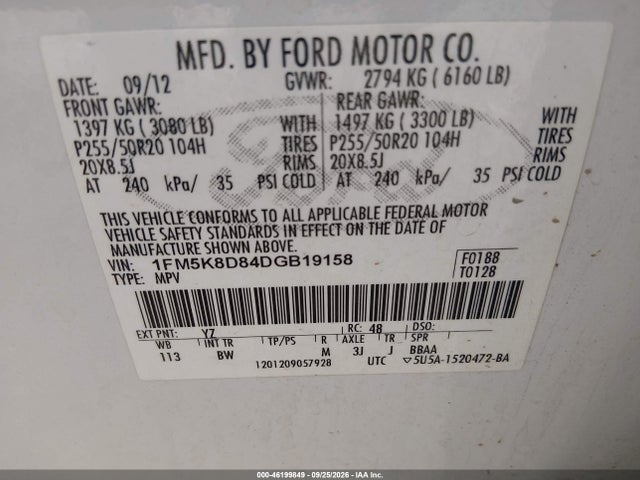 46199849 :رقم المزاد ، 1FM5K8D84DGB19158 vin ، 2013 Ford Explorer Xlt مزاد بيع