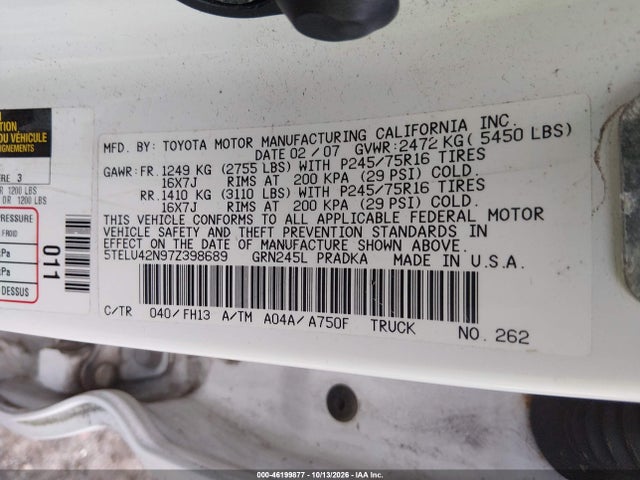 46199877 :رقم المزاد ، 5TELU42N97Z398689 vin ، 2007 Toyota Tacoma Base V6 مزاد بيع