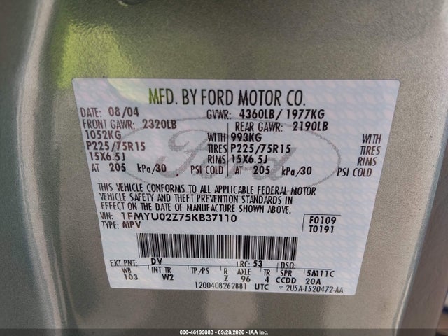 2005 Ford Escape Xls მანქანა იყიდება აუქციონზე, vin: 1FMYU02Z75KB37110, აუქციონის ნომერი: 46199883
