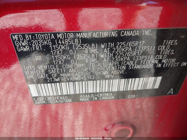 46199886 :رقم المزاد ، 2T3WFREVXDW045143 vin ، 2013 Toyota Rav4 Xle مزاد بيع