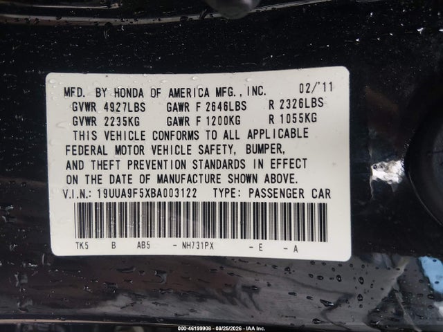 46199908 :رقم المزاد ، 19UUA9F5XBA003122 vin ، 2011 Acura Tl 3.7 مزاد بيع