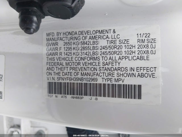 2022 Honda Pilot Awd Sport მანქანა იყიდება აუქციონზე, vin: 5FNYF6H35NB102969, აუქციონის ნომერი: 46199922