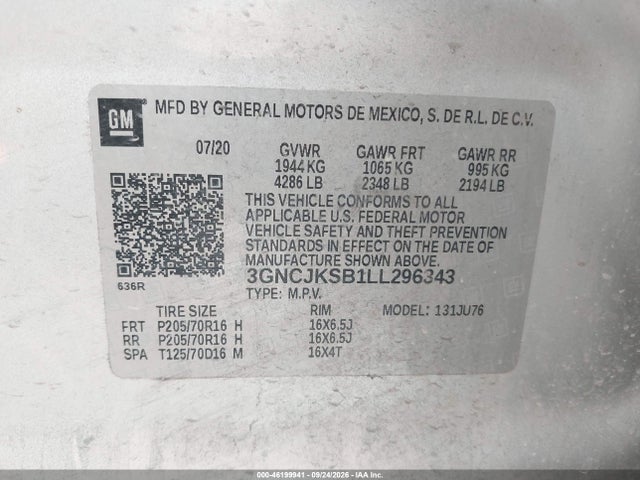 Продаж на аукціоні авто 2020 Chevrolet Trax Fwd Ls, vin: 3GNCJKSB1LL296343, номер лоту: 46199941