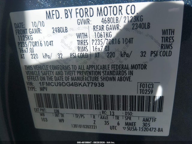 Продажа на аукционе авто 2011 Ford Escape Xlt, vin: 1FMCU9DG4BKA77938, номер лота: 46199947