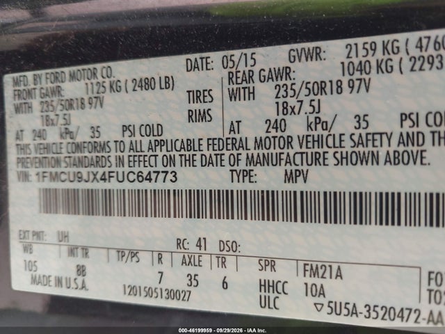 2015 Ford Escape Titanium მანქანა იყიდება აუქციონზე, vin: 1FMCU9JX4FUC64773, აუქციონის ნომერი: 46199959