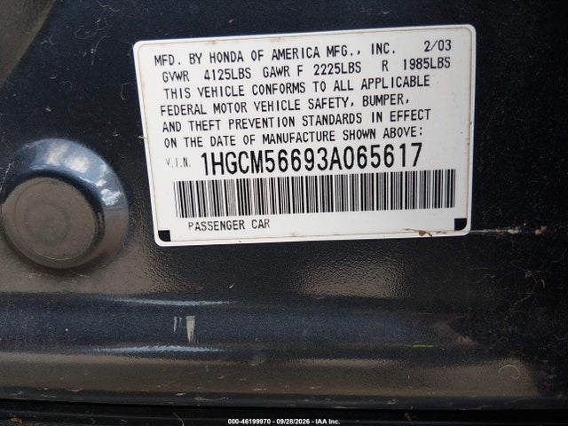 Aukcja sprzedaży 2003 Honda Accord 2.4 Ex, vin: 1HGCM56693A065617, numer aukcji: 46199970