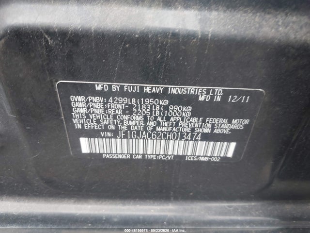 2012 Subaru Impreza 2.0i Premium მანქანა იყიდება აუქციონზე, vin: JF1GJAC62CH013474, აუქციონის ნომერი: 46199978
