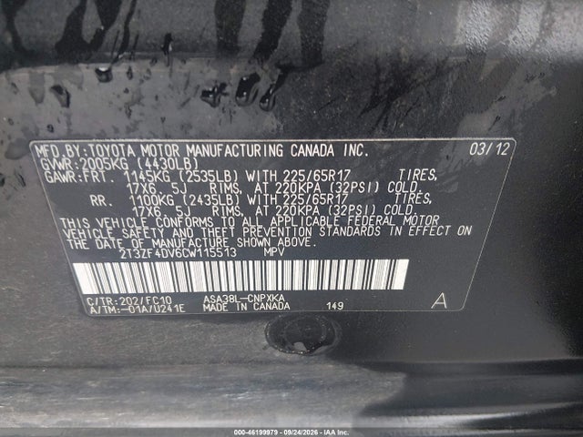 Aukcja sprzedaży 2012 Toyota Rav4, vin: 2T3ZF4DV6CW115513, numer aukcji: 46199979