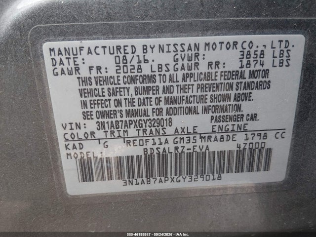 Продажа на аукционе авто 2016 Nissan Sentra Sr, vin: 3N1AB7APXGY329018, номер лота: 46199987