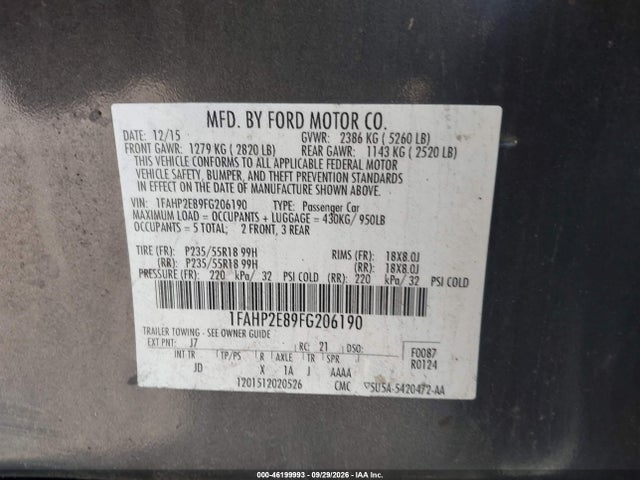 Aukcja sprzedaży 2015 Ford Taurus Sel, vin: 1FAHP2E89FG206190, numer aukcji: 46199993