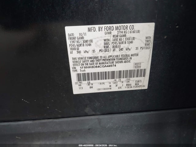 Продажа на аукционе авто 2012 Ford Explorer Xlt, vin: 1FMHK8D84CGA44974, номер лота: 46200000