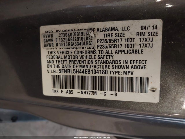 46200014 :رقم المزاد ، 5FNRL5H44EB104180 vin ، 2014 Honda Odyssey Ex مزاد بيع