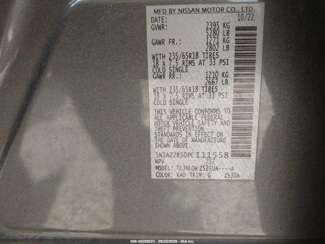 Продажа на аукционе авто 2023 Nissan Murano Sv Intelligent Awd, vin: 5N1AZ2BS0PC111558, номер лота: 46200023