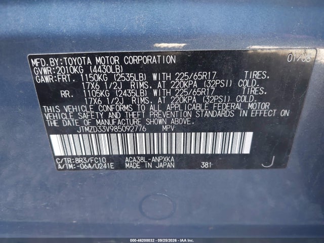46200032 :رقم المزاد ، JTMZD33V985092776 vin ، 2008 Toyota Rav4 مزاد بيع