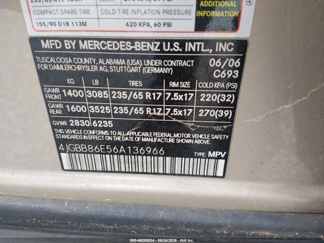 Продаж на аукціоні авто 2006 Mercedes-benz Ml 350 4matic, vin: 4JGBB86E56A136966, номер лоту: 46200034