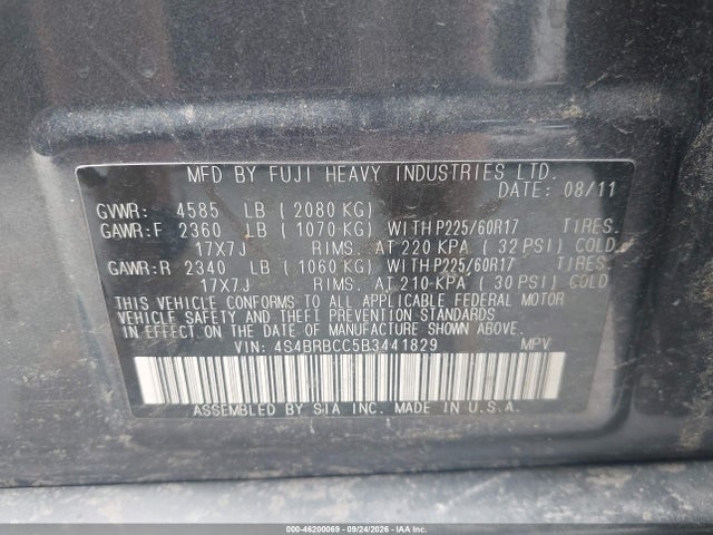 Aukcja sprzedaży 2011 Subaru Outback 2.5i Premium, vin: 4S4BRBCC5B3441829, numer aukcji: 46200069