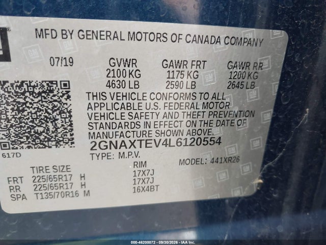 46200072 :رقم المزاد ، 2GNAXTEV4L6120554 vin ، 2020 Chevrolet Equinox Awd 2fl مزاد بيع