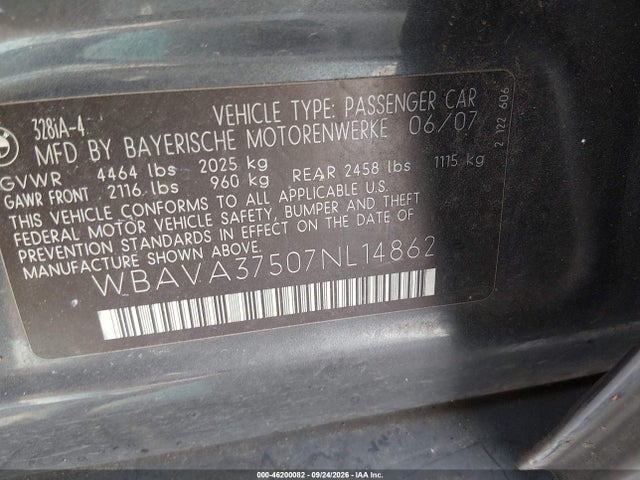 Продажа на аукционе авто 2007 Bmw 3 Series 328i, vin: WBAVA37507NL14862, номер лота: 46200082