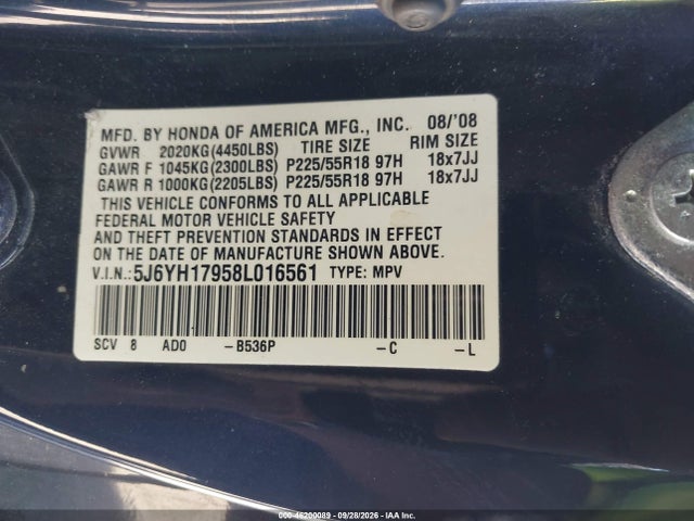 2008 Honda Element Sc მანქანა იყიდება აუქციონზე, vin: 5J6YH17958L016561, აუქციონის ნომერი: 46200089
