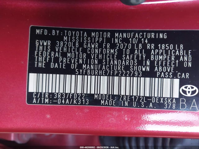 46200092 :رقم المزاد ، 5YFBURHE7FP222793 vin ، 2015 Toyota Corolla S Plus مزاد بيع