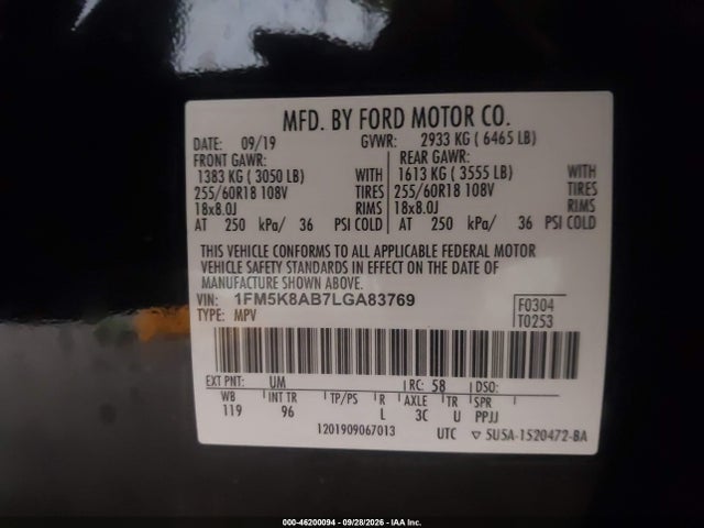 46200094 :رقم المزاد ، 1FM5K8AB7LGA83769 vin ، 2020 Ford Police Interceptor Utility مزاد بيع