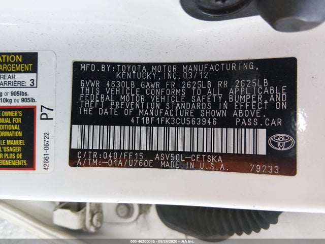 2012 Toyota Camry Se მანქანა იყიდება აუქციონზე, vin: 4T1BF1FK3CU563946, აუქციონის ნომერი: 46200095