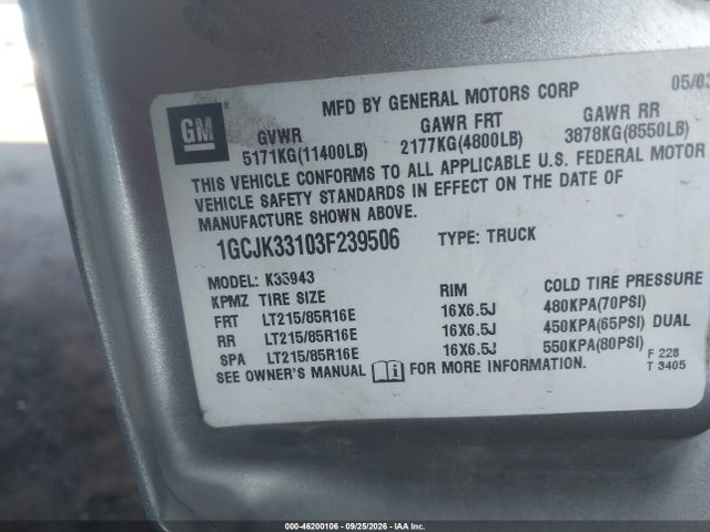 46200106 :رقم المزاد ، 1GCJK33103F239506 vin ، 2003 Chevrolet Silverado 3500 Lt مزاد بيع