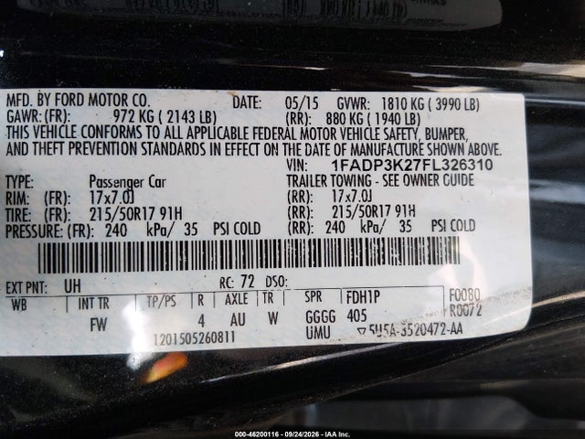 Продаж на аукціоні авто 2015 Ford Focus Se, vin: 1FADP3K27FL326310, номер лоту: 46200116