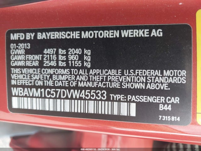 Продаж на аукціоні авто 2013 Bmw X1 Sdrive28i, vin: WBAVM1C57DVW45533, номер лоту: 46200118