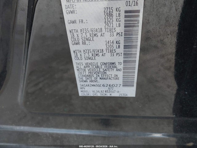 Aukcja sprzedaży 2016 Nissan Pathfinder S, vin: 5N1AR2MN3GC626027, numer aukcji: 46200128