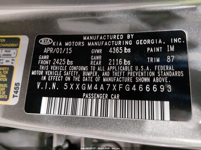 KIA Optima Lx 2015 5XXGM4A7XFG466693 Image 9
