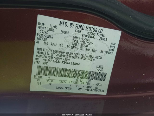 Продажа на аукционе авто 2009 Ford Explorer Xlt, vin: 1FMEU63EX9UA15594, номер лота: 46200170