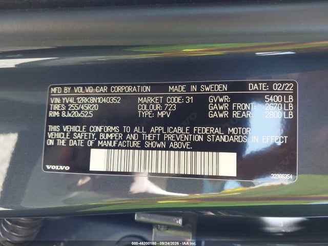 46200180 :رقم المزاد ، YV4L12RK8N1040352 vin ، 2022 Volvo Xc60 B5 Momentum مزاد بيع