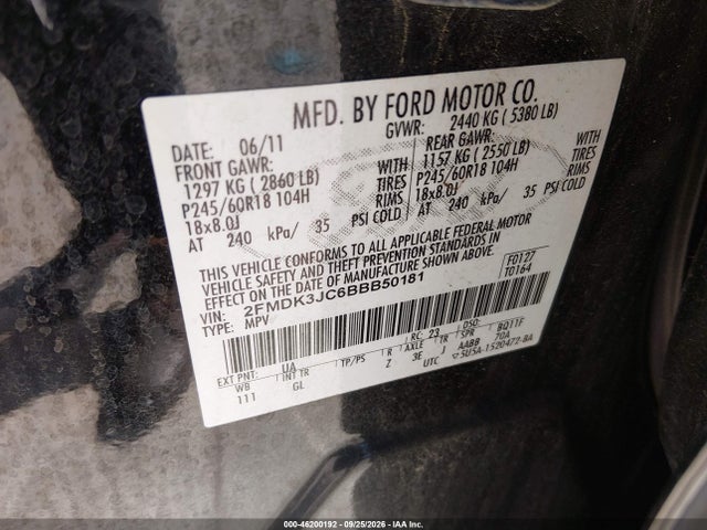 Продаж на аукціоні авто 2011 Ford Edge Sel, vin: 2FMDK3JC6BBB50181, номер лоту: 46200192