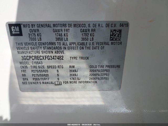 46200218 :رقم المزاد ، 3GCPCRECXFG347482 vin ، 2015 Chevrolet Silverado 1500 Lt مزاد بيع