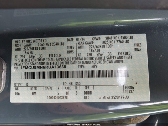 Продажа на аукционе авто 2024 Ford Escape St-line, vin: 1FMCU9MN6RUA13638, номер лота: 46200219