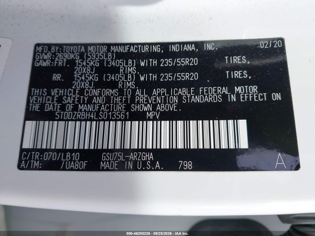 Aukcja sprzedaży 2020 Toyota Highlander Limited, vin: 5TDDZRBH4LS013561, numer aukcji: 46200226
