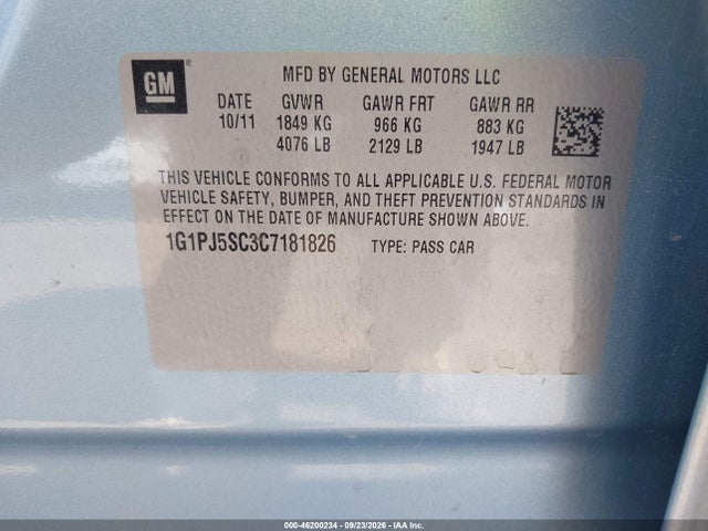 Продажа на аукционе авто 2012 Chevrolet Cruze Eco, vin: 1G1PJ5SC3C7181826, номер лота: 46200234