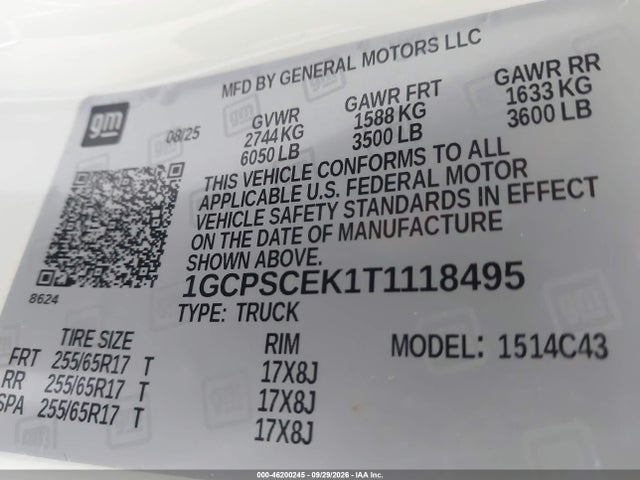 Продаж на аукціоні авто 2026 Chevrolet Colorado Lt, Rwd, vin: 1GCPSCEK1T1118495, номер лоту: 46200245