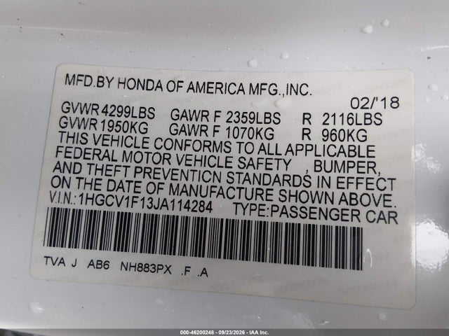 Продаж на аукціоні авто 2018 Honda Accord Lx, vin: 1HGCV1F13JA114284, номер лоту: 46200248