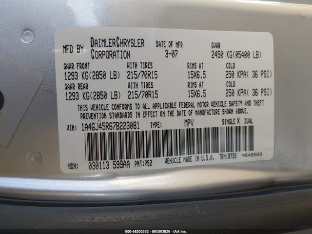 Aukcja sprzedaży 2007 Chrysler Town & Country Swb, vin: 1A4GJ45R67B223081, numer aukcji: 46200252