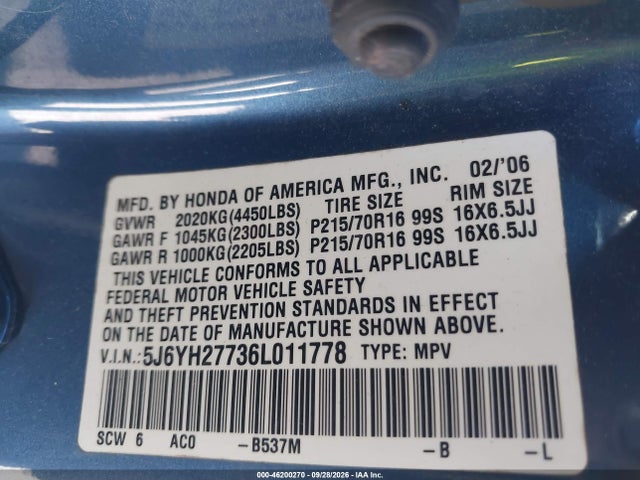 46200270 :رقم المزاد ، 5J6YH27736L011778 vin ، 2006 Honda Element Ex-p مزاد بيع