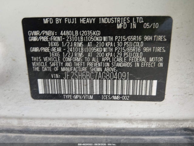 Aukcja sprzedaży 2010 Subaru Forester 2.5x, vin: JF2SH6BC7AG804091, numer aukcji: 46200303
