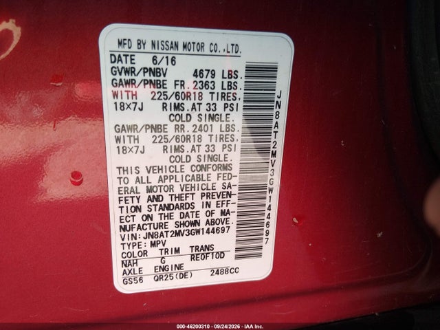 Продаж на аукціоні авто 2016 Nissan Rogue Sl, vin: JN8AT2MV3GW144697, номер лоту: 46200310
