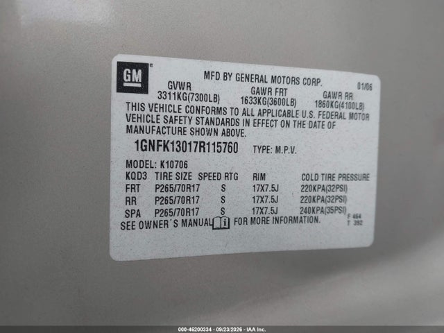 2007 Chevrolet Tahoe Lt მანქანა იყიდება აუქციონზე, vin: 1GNFK13017R115760, აუქციონის ნომერი: 46200334